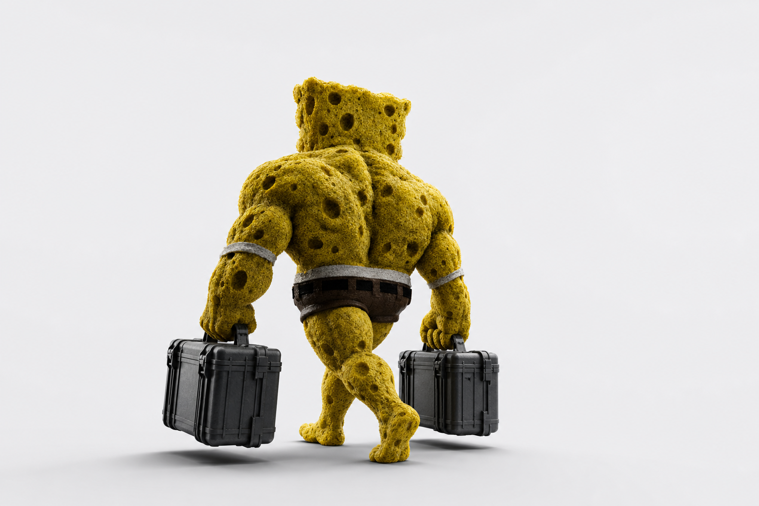 The figure walking away carrying two matching hard-case briefcases