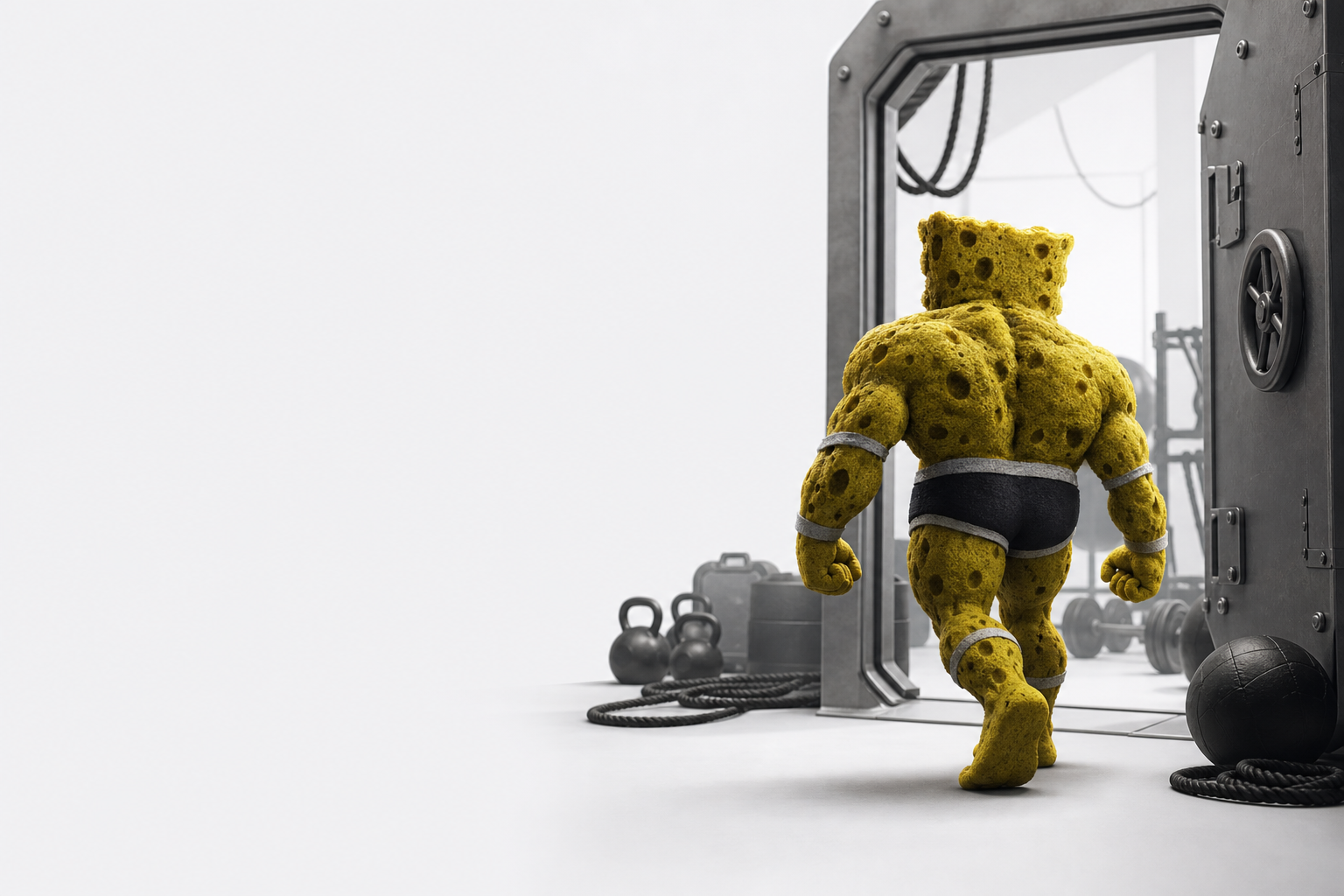 The figure walking away toward an open vault door leading into a dim gym